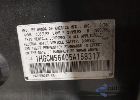 2005 Honda Accord 2.4 Lx из США, поврежденный, VIN 1HGCM56405A158317